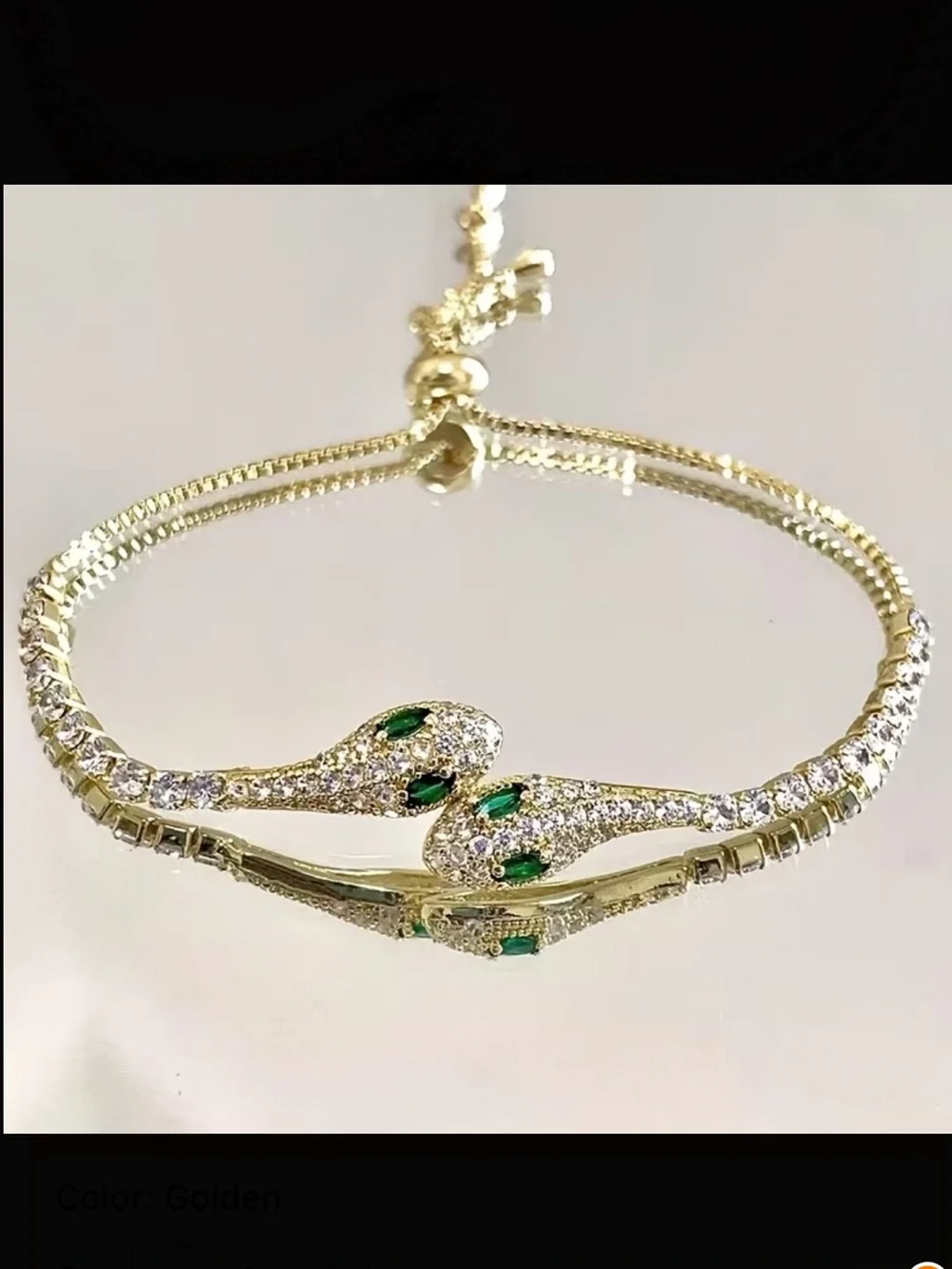 Gold Snake Head Slider Bracelet with Emerald Accents